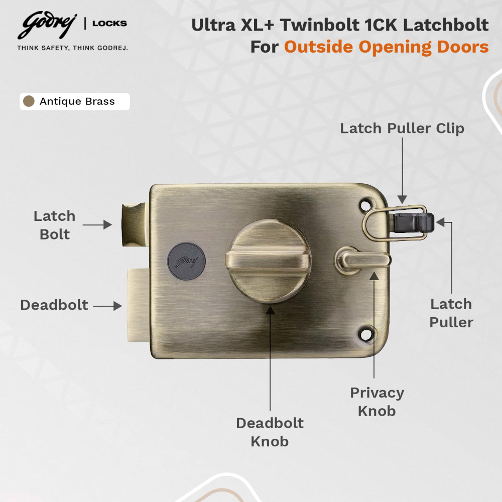 Godrej Rim Lock I Twinbolt Ultra XL plus I 1CK Latchbolt I For Outside Opening Door l LeftorRight Handed Doors I 4 Keys I 5-Year Warranty I Automatic Locking l Antique Copper Finish